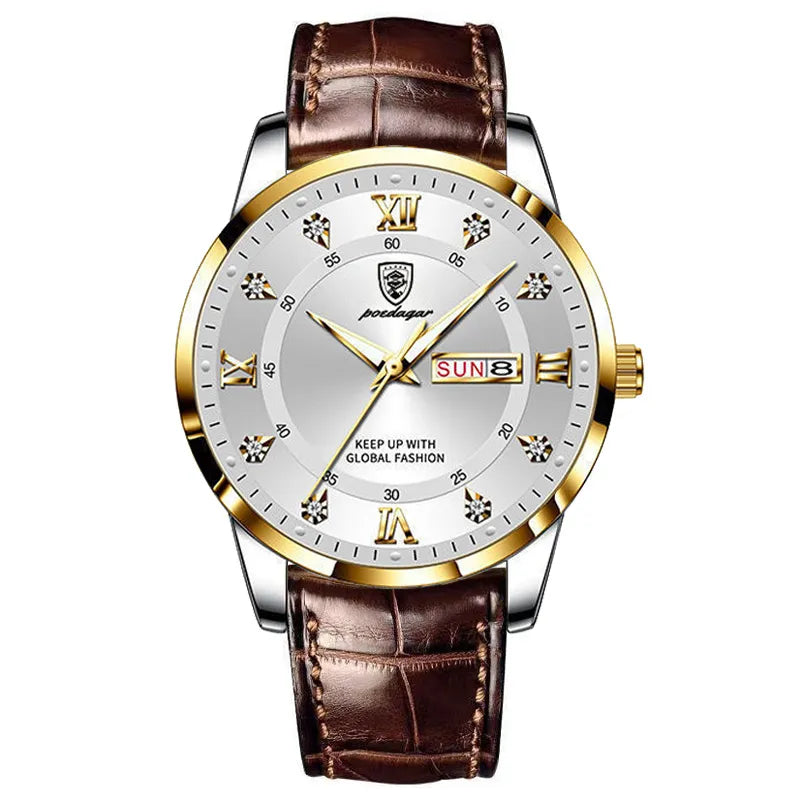 Elegant Zyroman men’s business watch featuring quartz movement, genuine leather strap, luminous round dial, and 50M water resistance