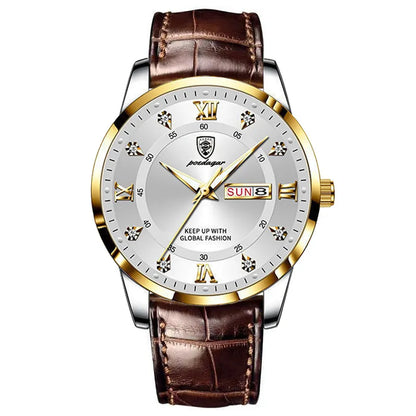 Elegant Zyroman men’s business watch featuring quartz movement, genuine leather strap, luminous round dial, and 50M water resistance