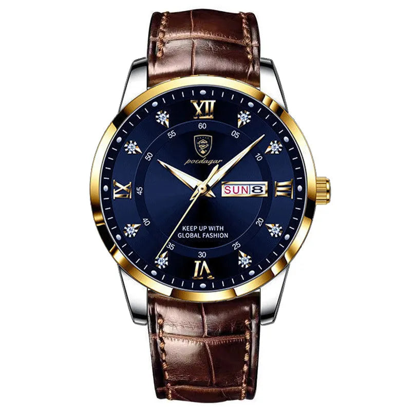 Stylish Zyroman men’s dress watch with ultra-thin 7mm case, sapphire crystal glass, round luminous dial, and stainless steel buckle.
